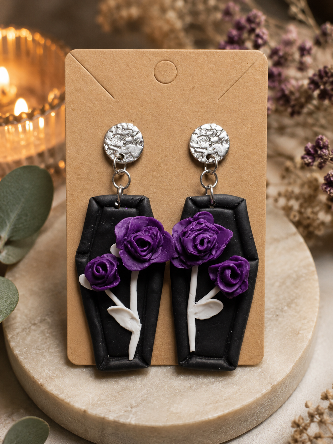 Black Coffin Earrings with Purple Rose