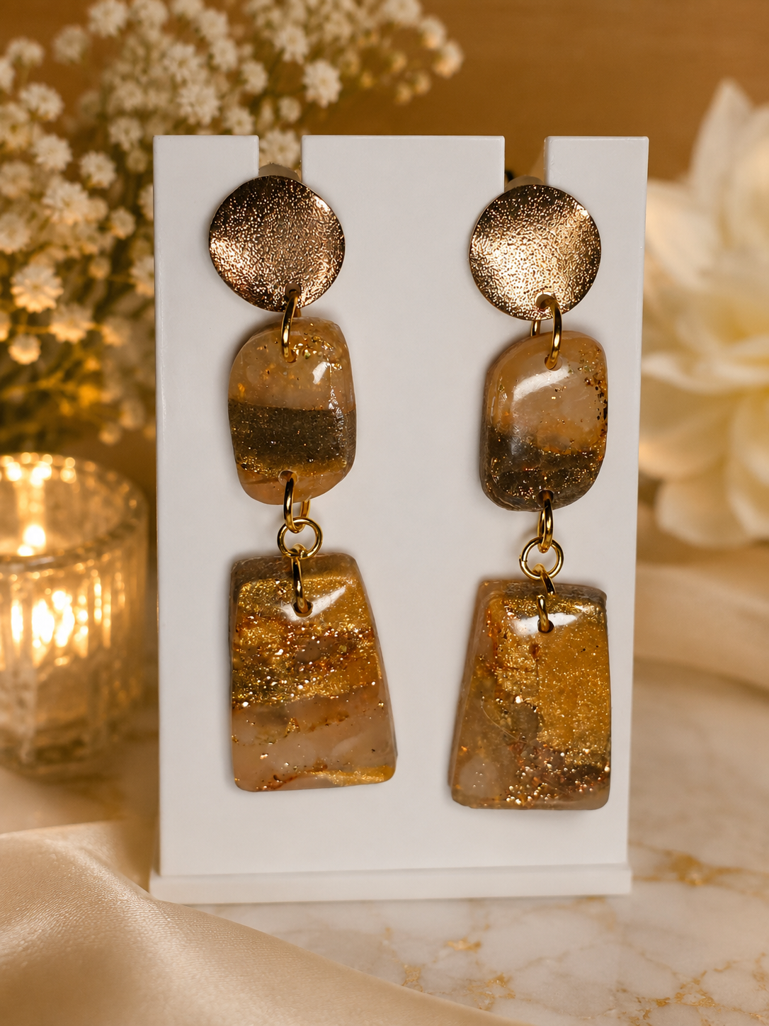 Amber Gold Glitter Triple Drop Earrings