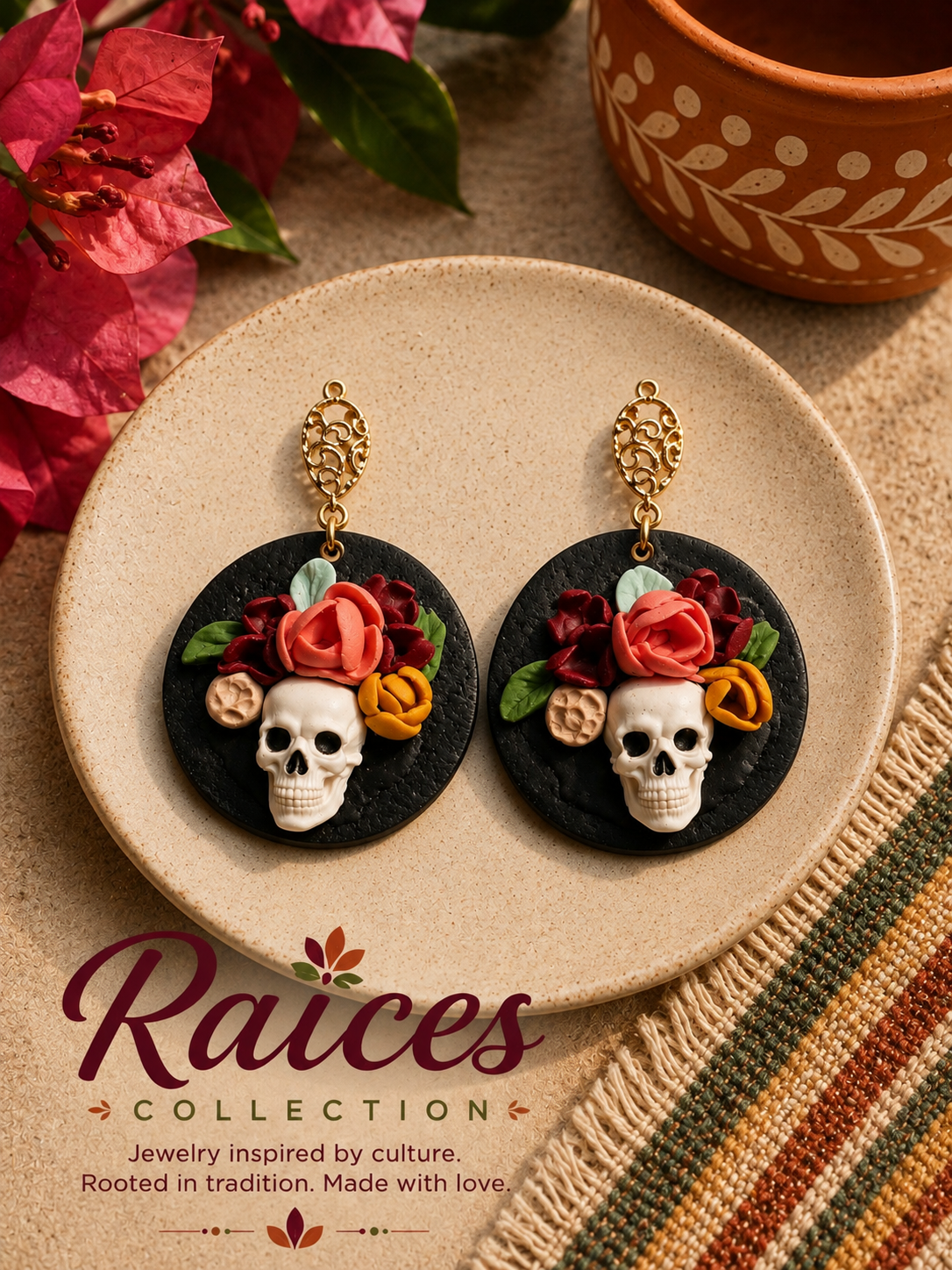 Raíces Floral Calavera Earrings